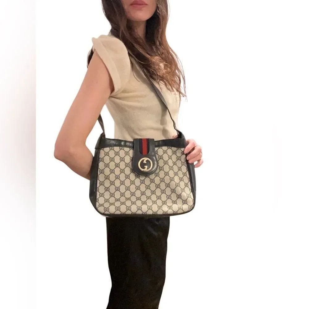 Gucci Beige GG Canvas Shoulder Bag with Brown Trim and Red Web Accent